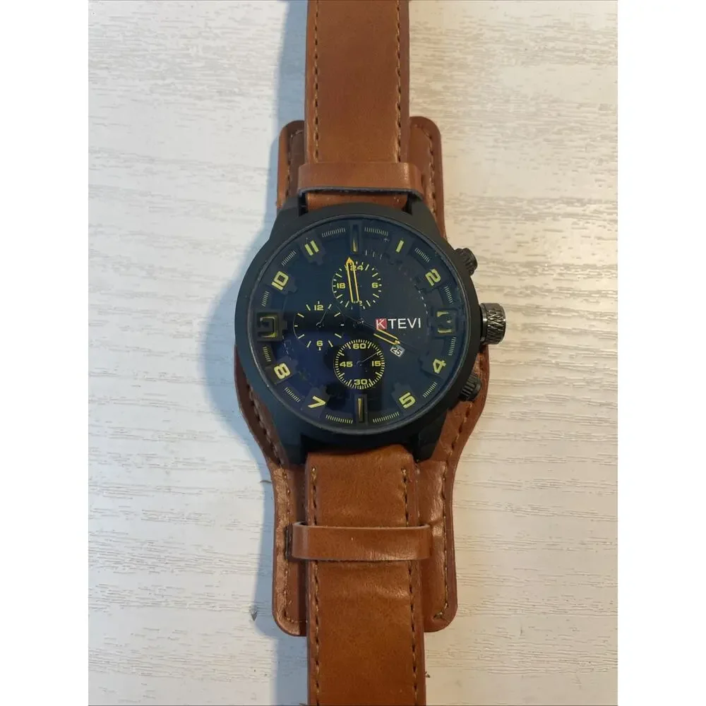Military Style Men Sport Quartz Watch PU Leather Strap Alloy Brown Fashion